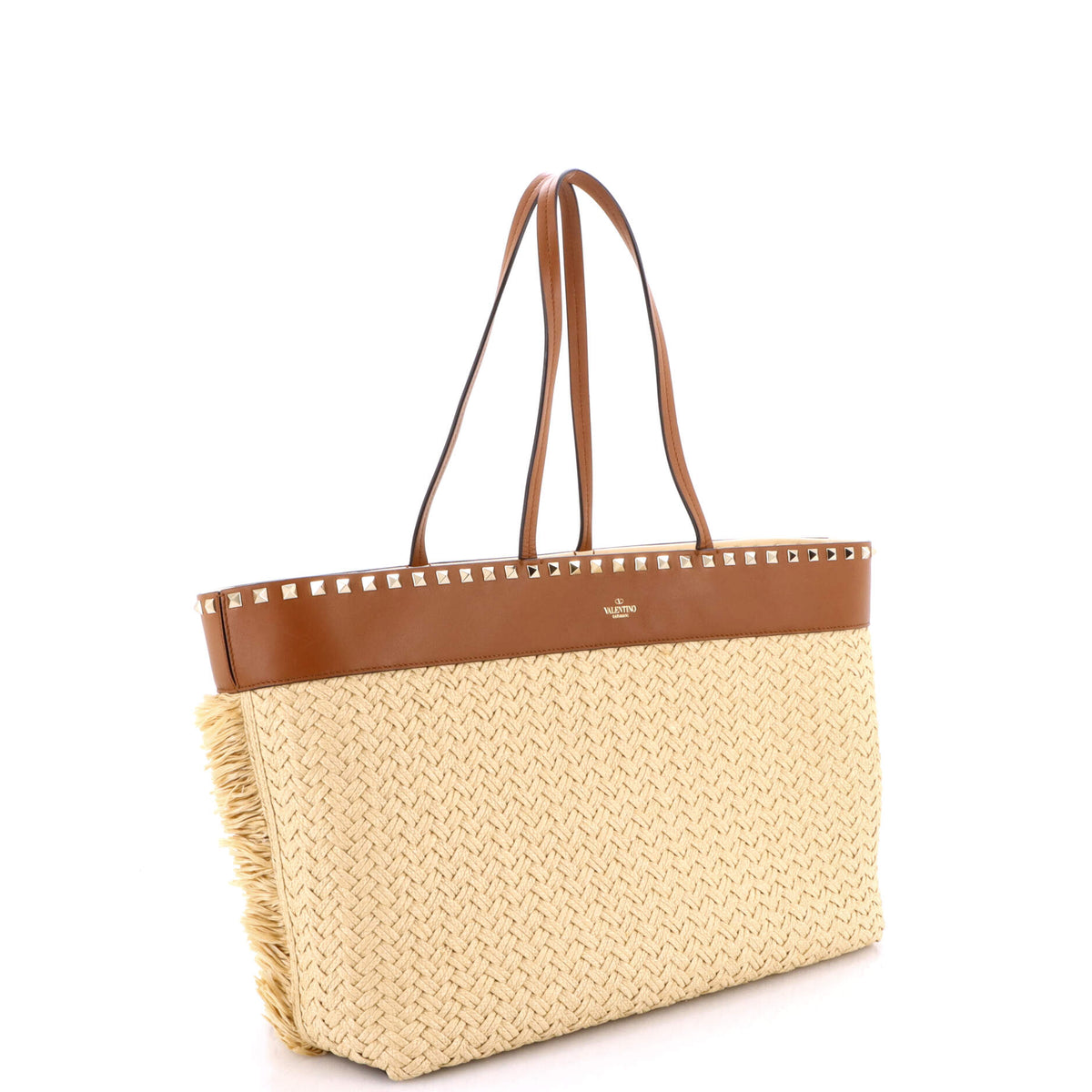 Rockstud Shopping Tote Raffia with Leather Large