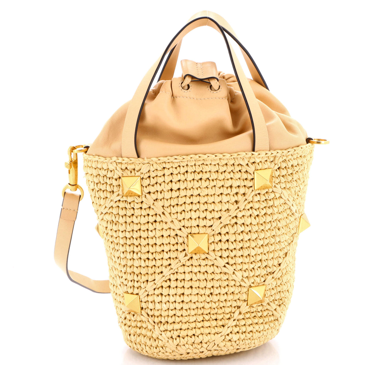 Roman Stud Bucket Bag Raffia and Leather