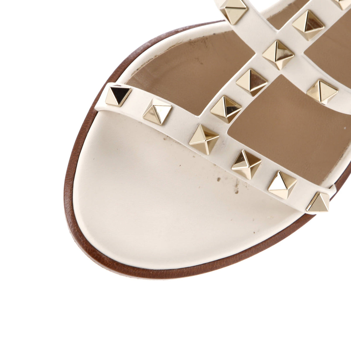 Women's Rockstud Caged Ankle Strap Block Heel Sandals Leather