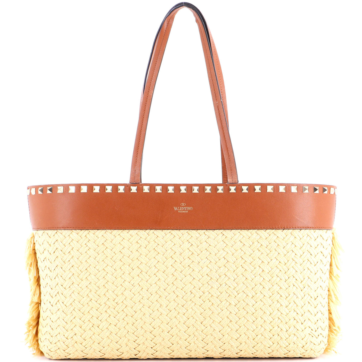 Rockstud Shopping Tote Raffia with Leather Large
