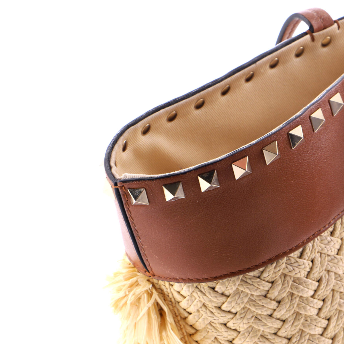 Rockstud Shopping Tote Raffia with Leather Large