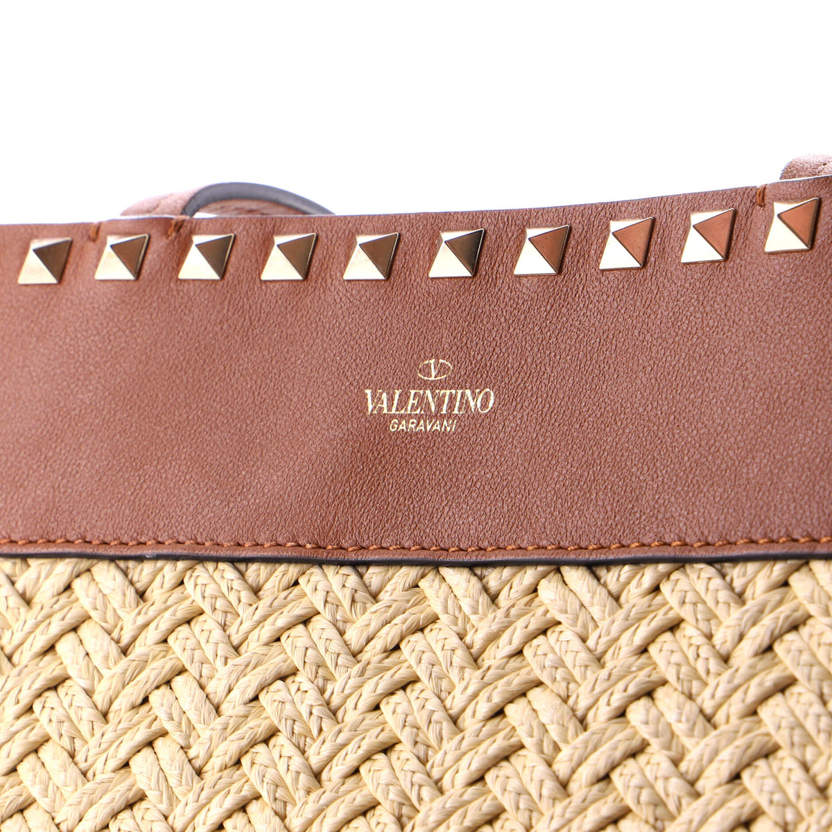 Rockstud Shopping Tote Raffia with Leather Large