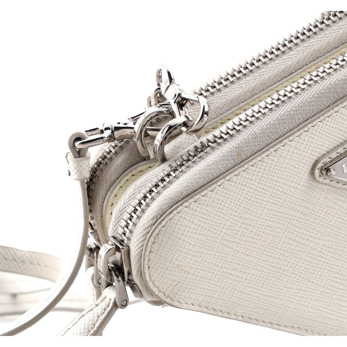 Triangle Double Zip Pouch Bag with Chain Saffiano Leather Mini