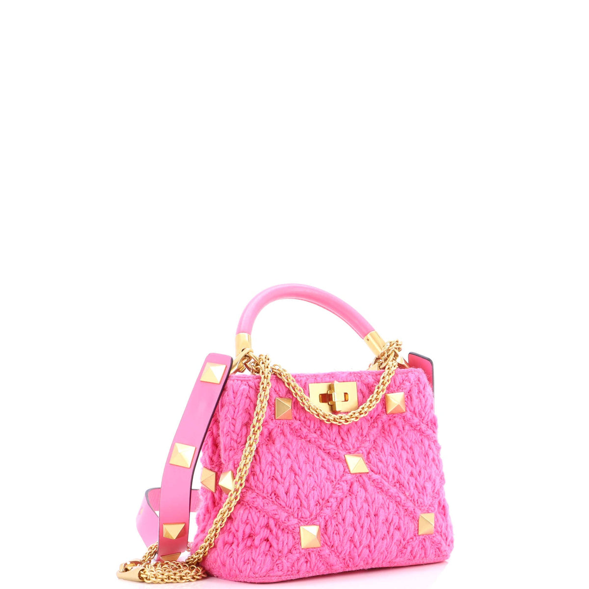 Roman Stud Top Handle Bag Woven Wool with Leather Small