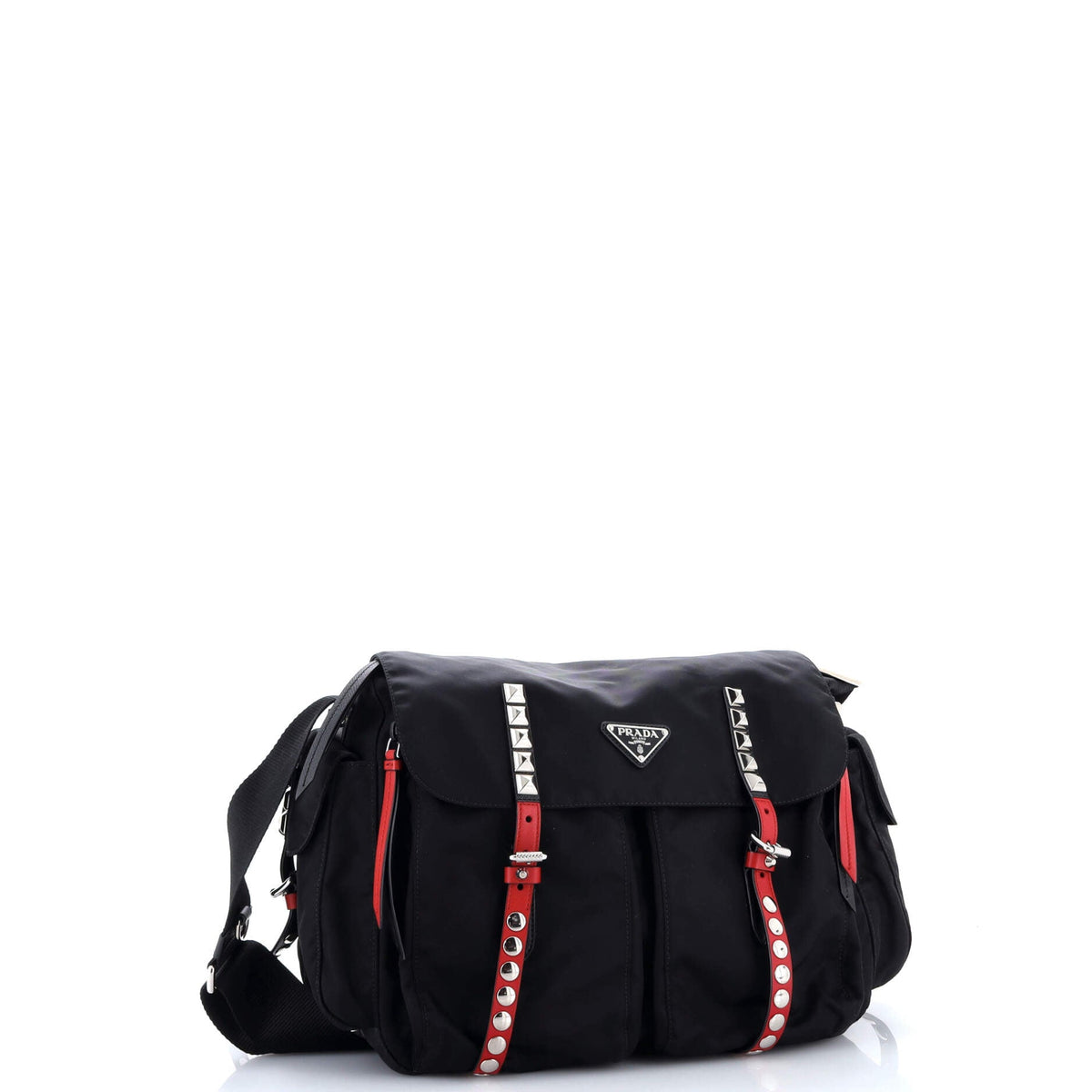 New Vela Flap Messenger Bag Tessuto with Studded Leather Medium