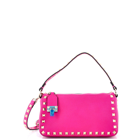 Rockstud Flip Lock Zipped Handle Crossbody Bag Grainy Leather Small