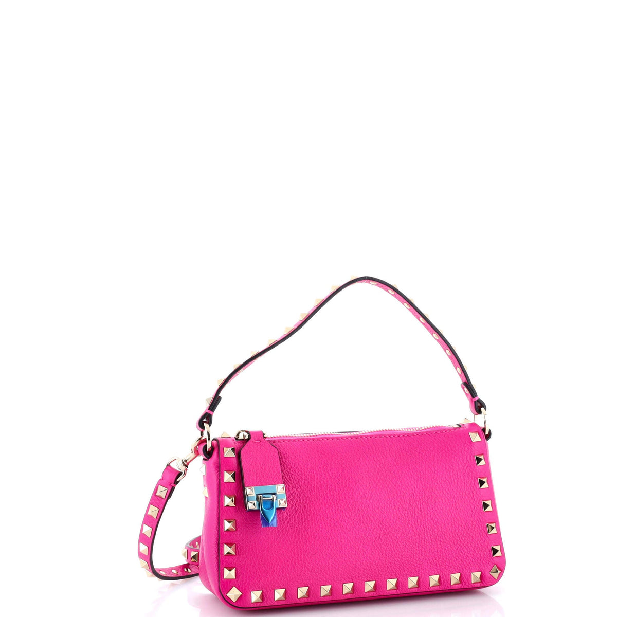 Rockstud Flip Lock Zipped Handle Crossbody Bag Grainy Leather Small