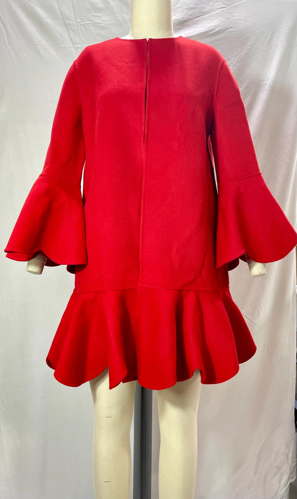 Valentino Garavani Ruffled Hem Bell Sleeve Coat in Red Wool