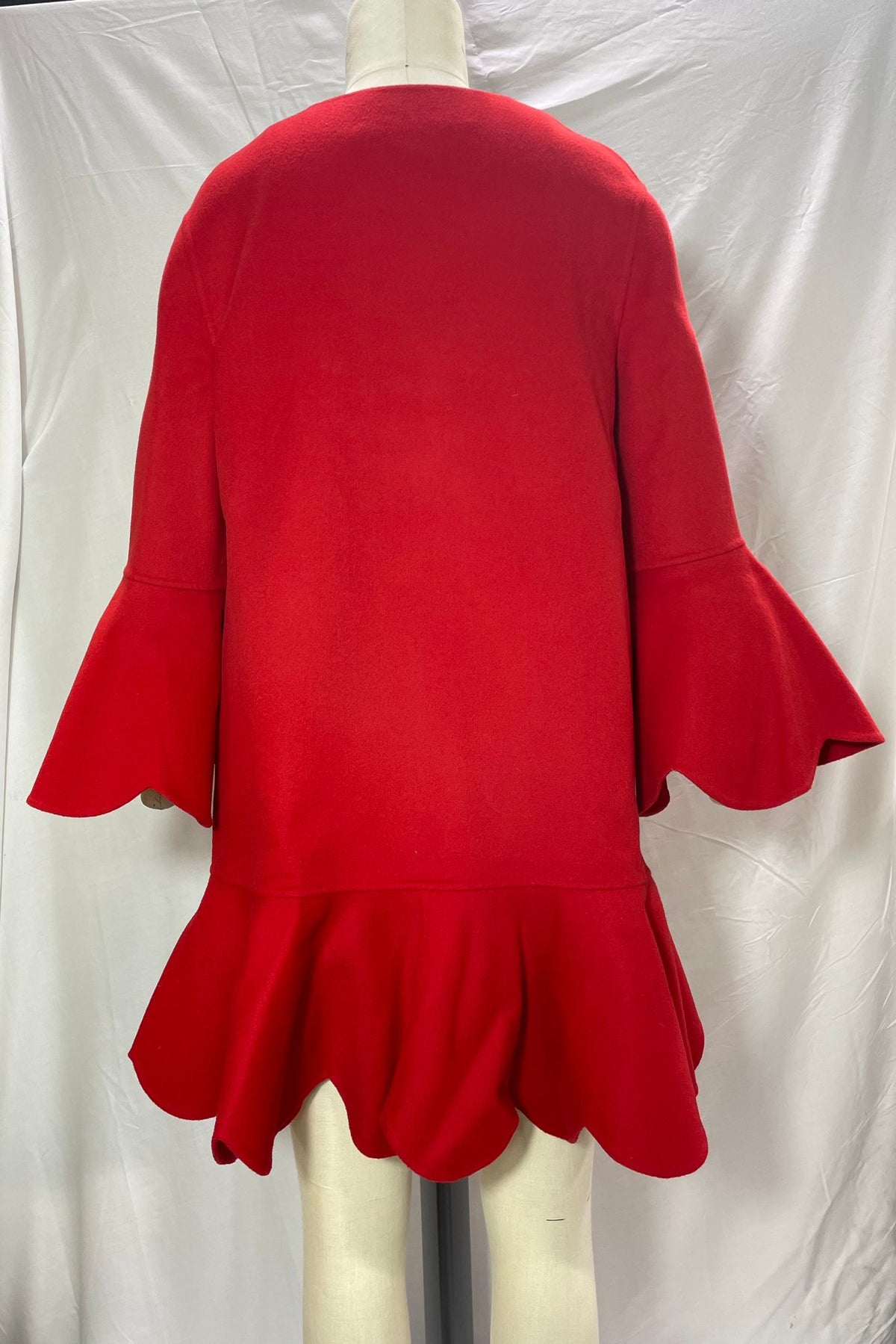 Valentino Garavani Ruffled Hem Bell Sleeve Coat in Red Wool