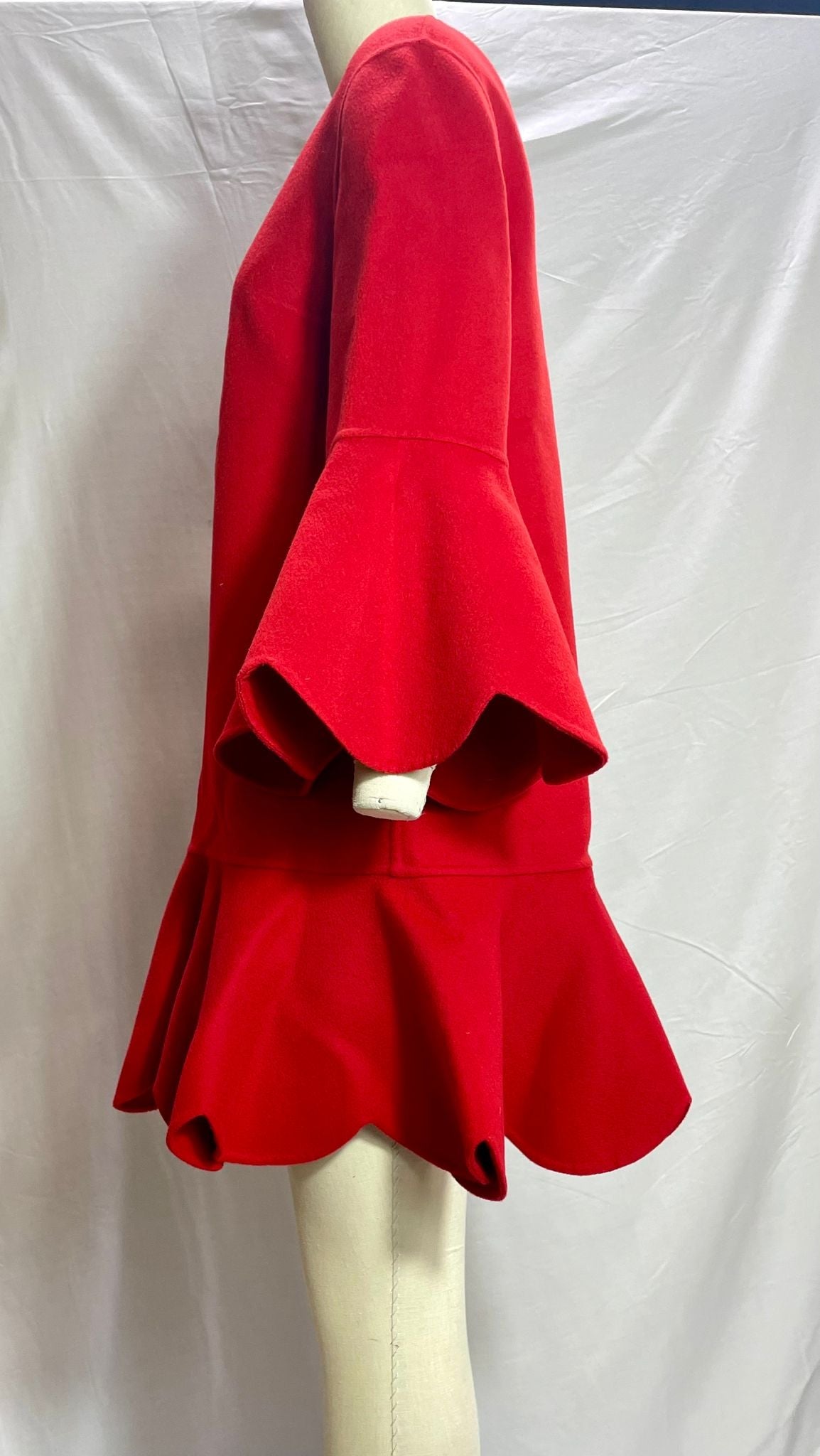 Valentino Garavani Ruffled Hem Bell Sleeve Coat in Red Wool