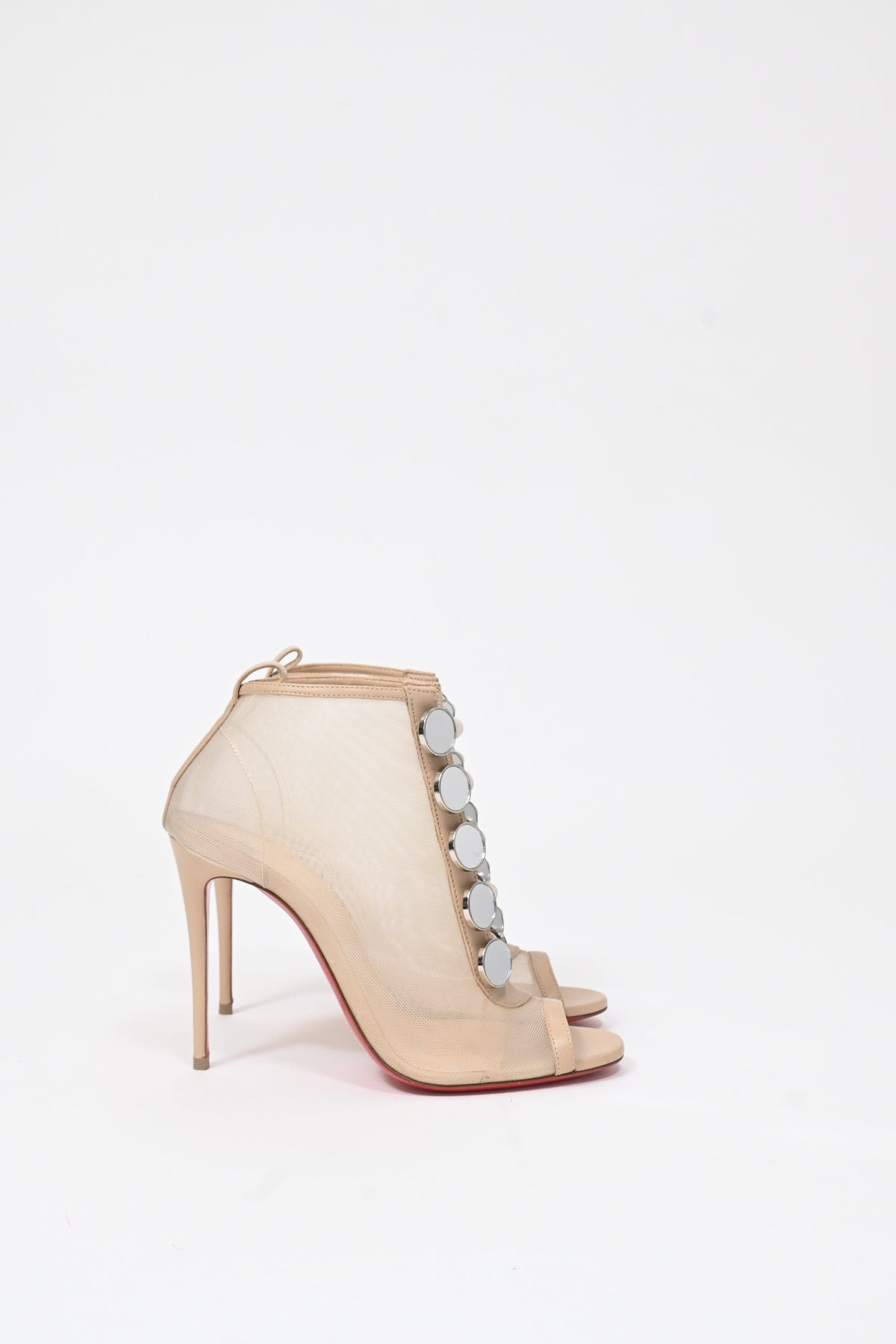 Christian Louboutin Marika 100 Embellished Peep-Toe Boots in Nude Mesh