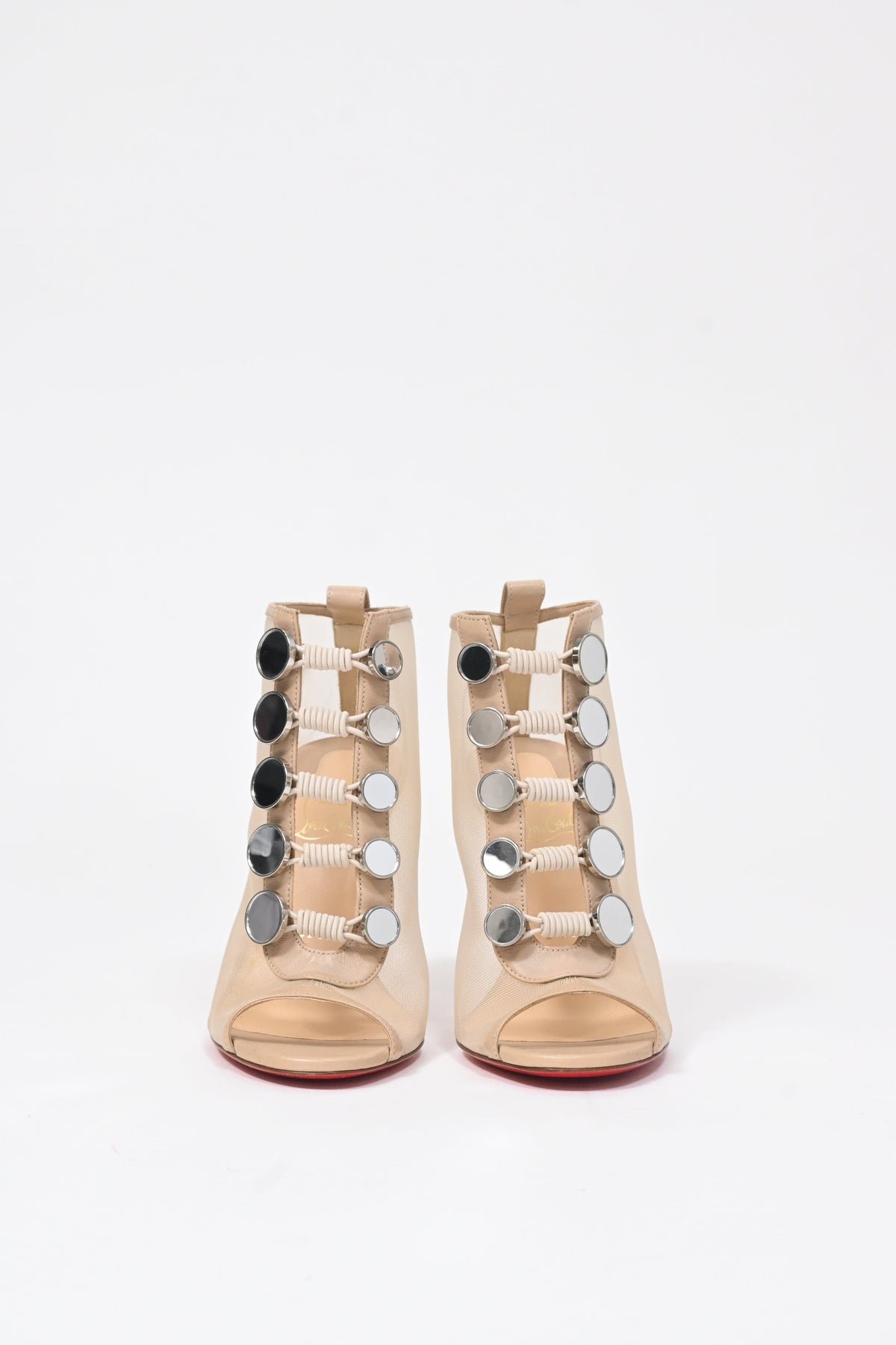 Christian Louboutin Marika 100 Embellished Peep-Toe Boots in Nude Mesh