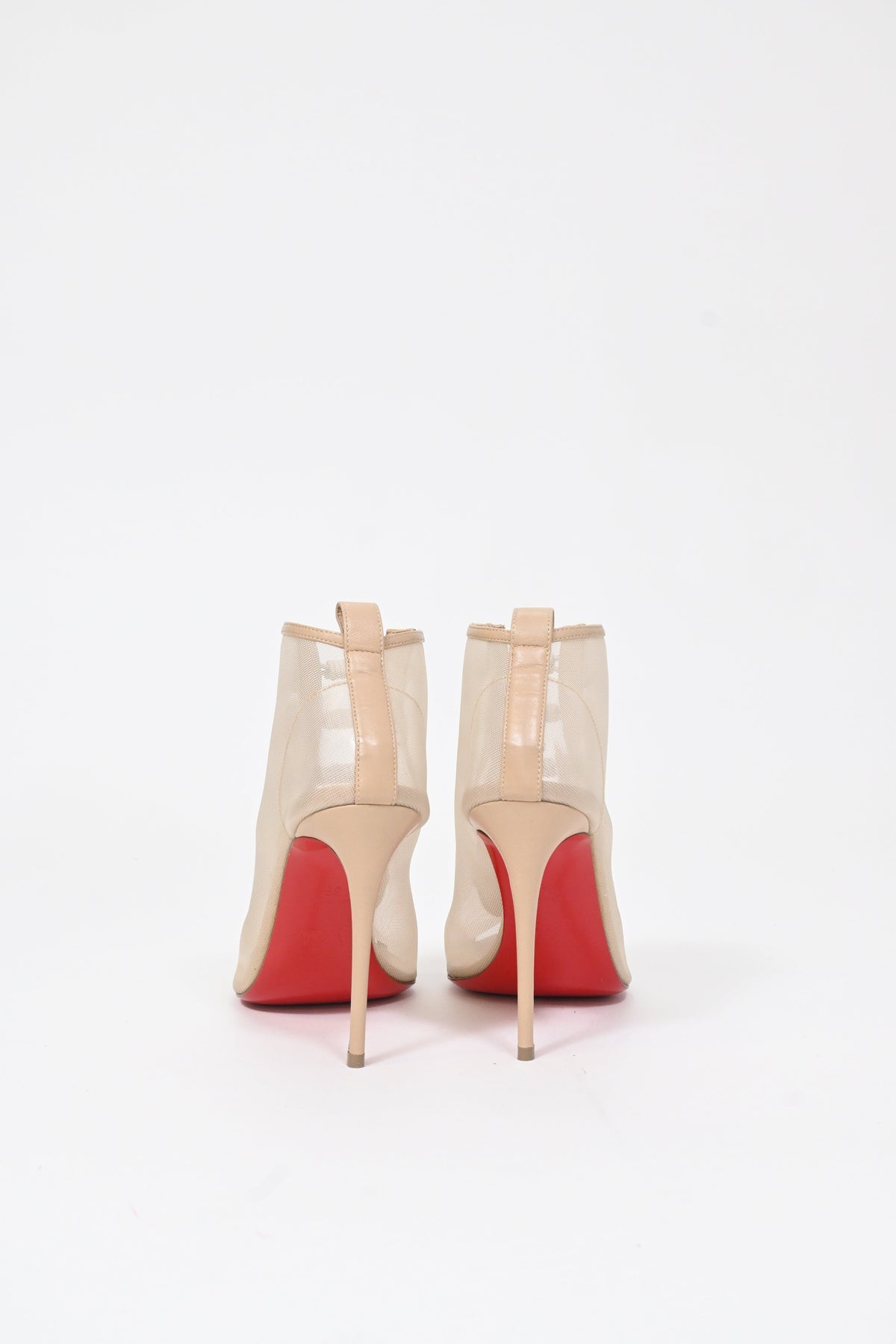 Christian Louboutin Marika 100 Embellished Peep-Toe Boots in Nude Mesh