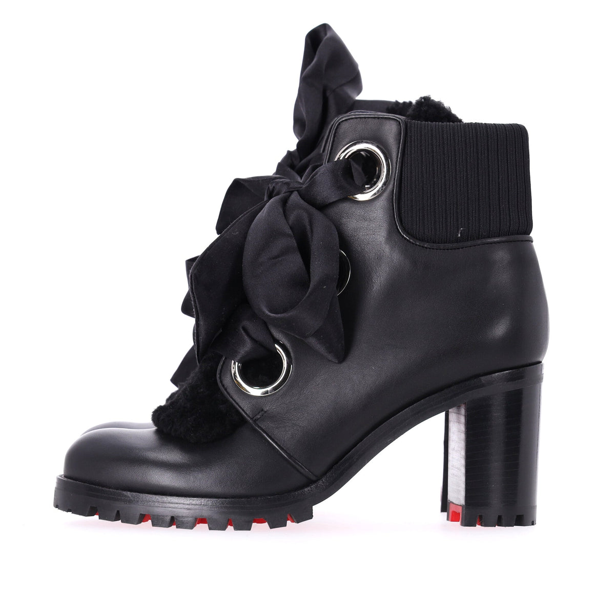 Christian Louboutin Jenny Bow Lace Heeled Ankle Boots in Black Calf Leather