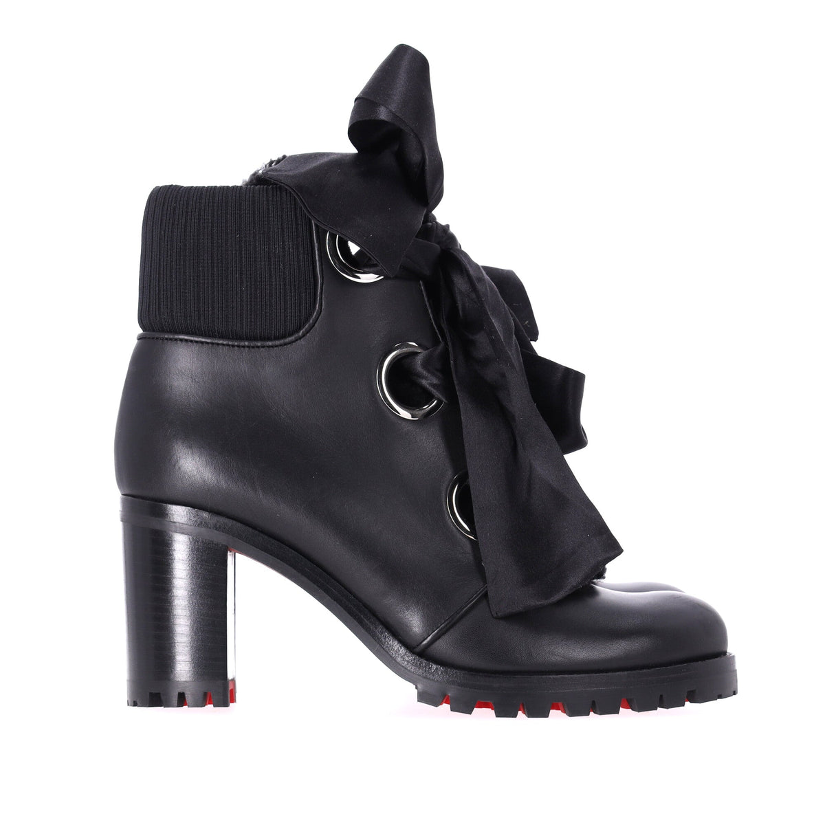 Christian Louboutin Jenny Bow Lace Heeled Ankle Boots in Black Calf Leather