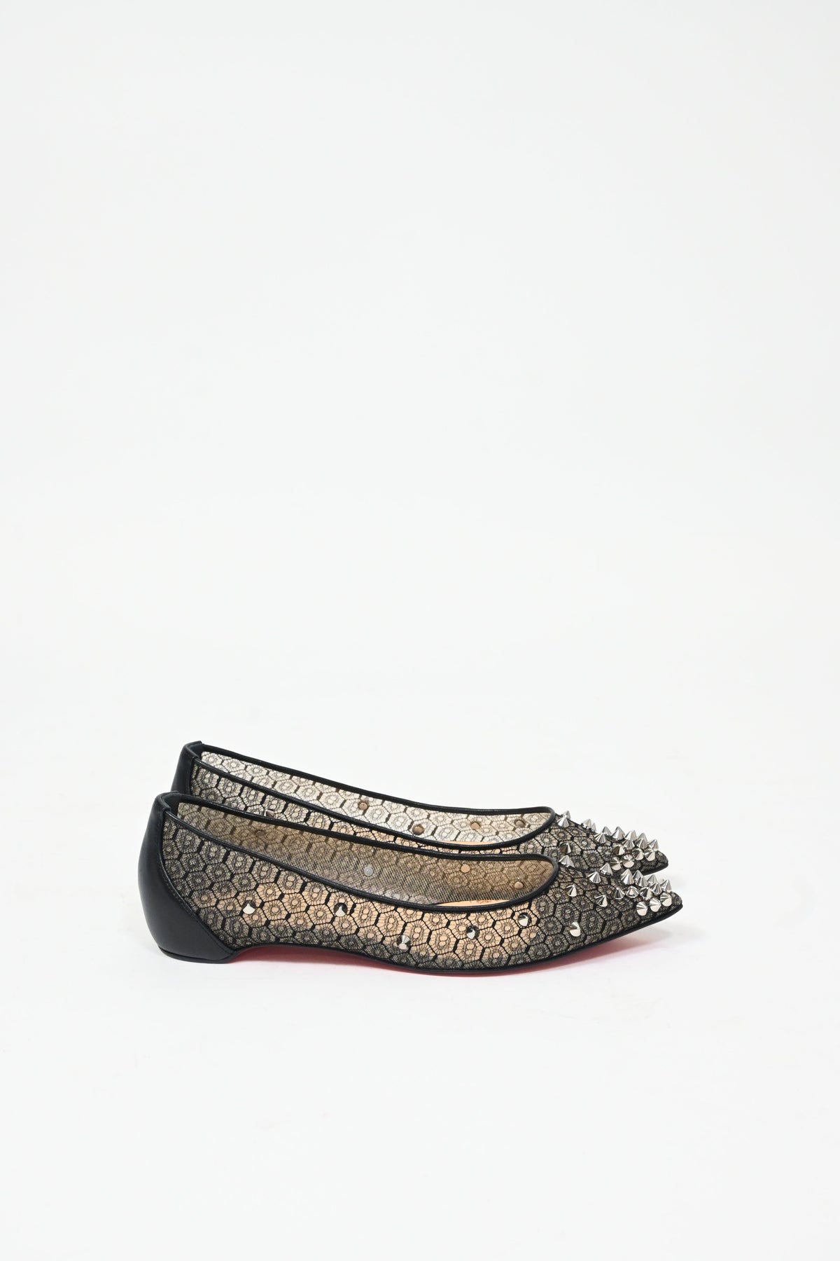Christian Louboutin Lace Spike-Embellished Ballet Flats in Black Polyester