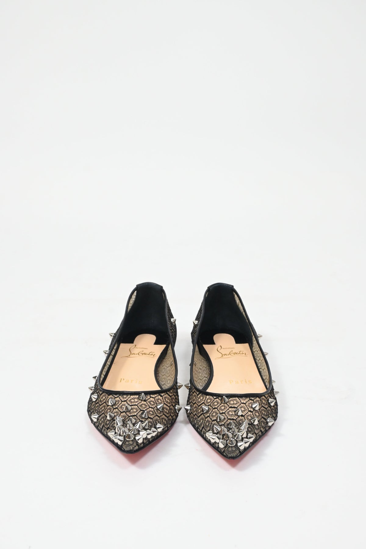 Christian Louboutin Lace Spike-Embellished Ballet Flats in Black Polyester