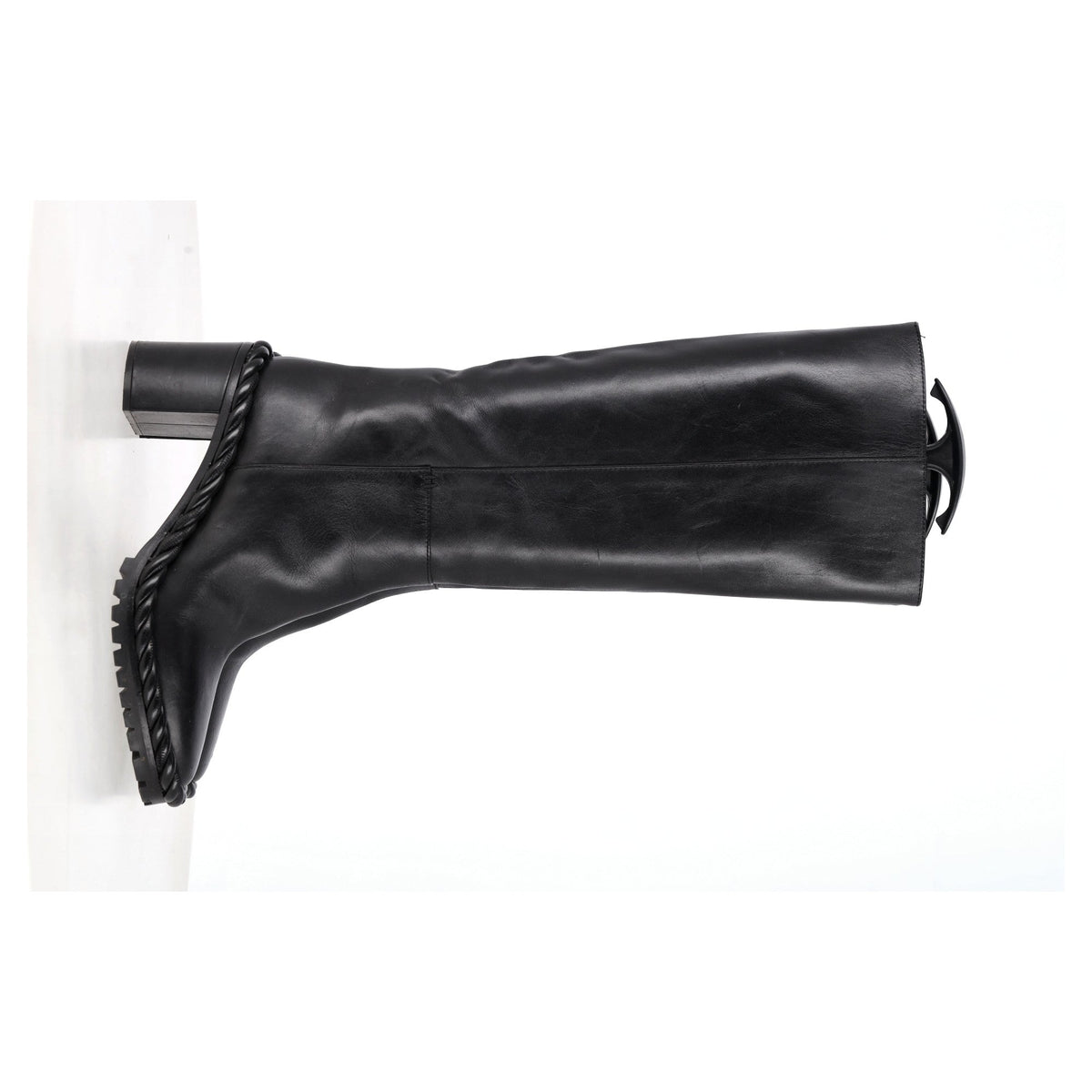 Valentino Garavani Rope Mid-Calf Block Heel Boots in Black Leather