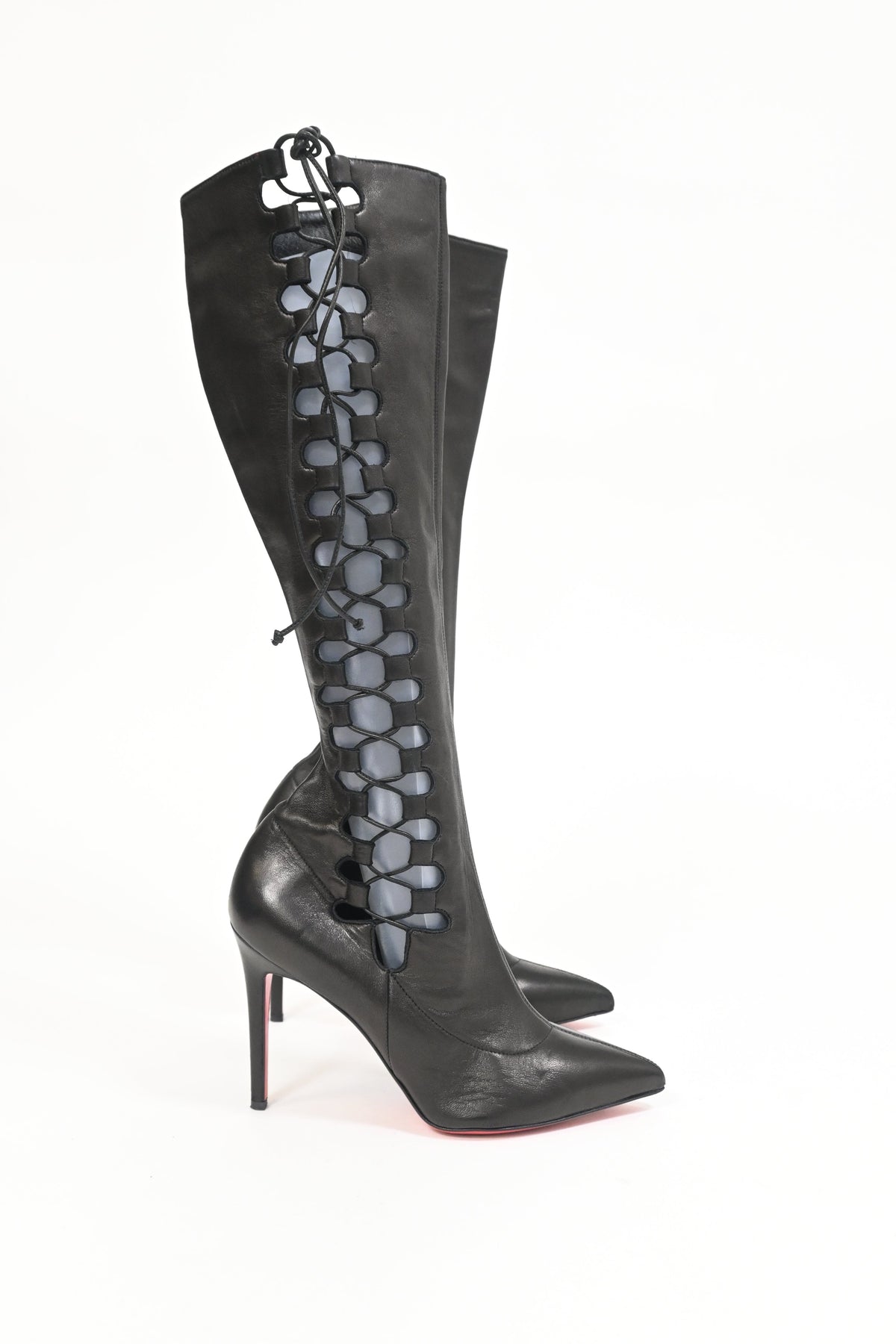 Christian Louboutin Goulue Lace Up Knee Boots in Black Leather