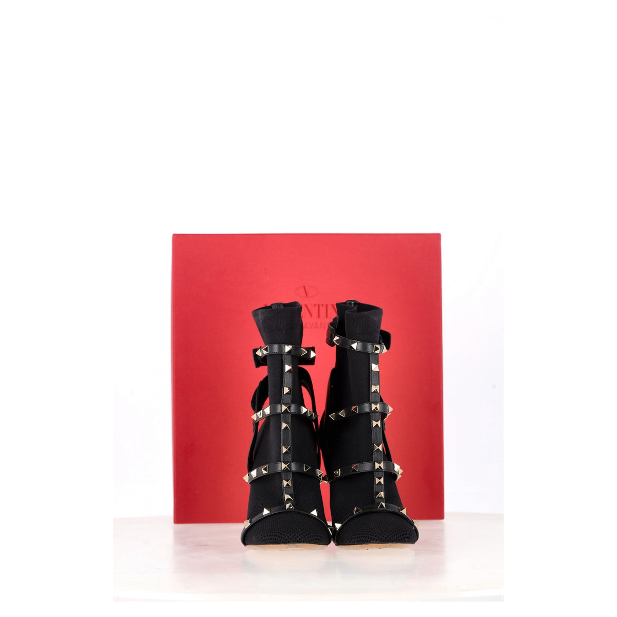 Valentino Knit Rockstud Caged Boots in Black Leather