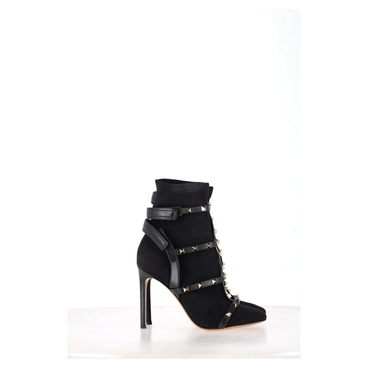 Valentino Knit Rockstud Caged Boots in Black Leather