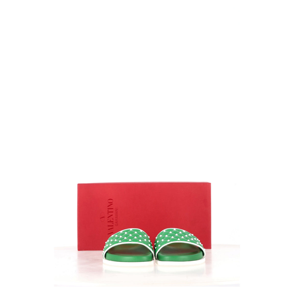 Valentino Garavani Rockstud Quilted Slides In Green Leather