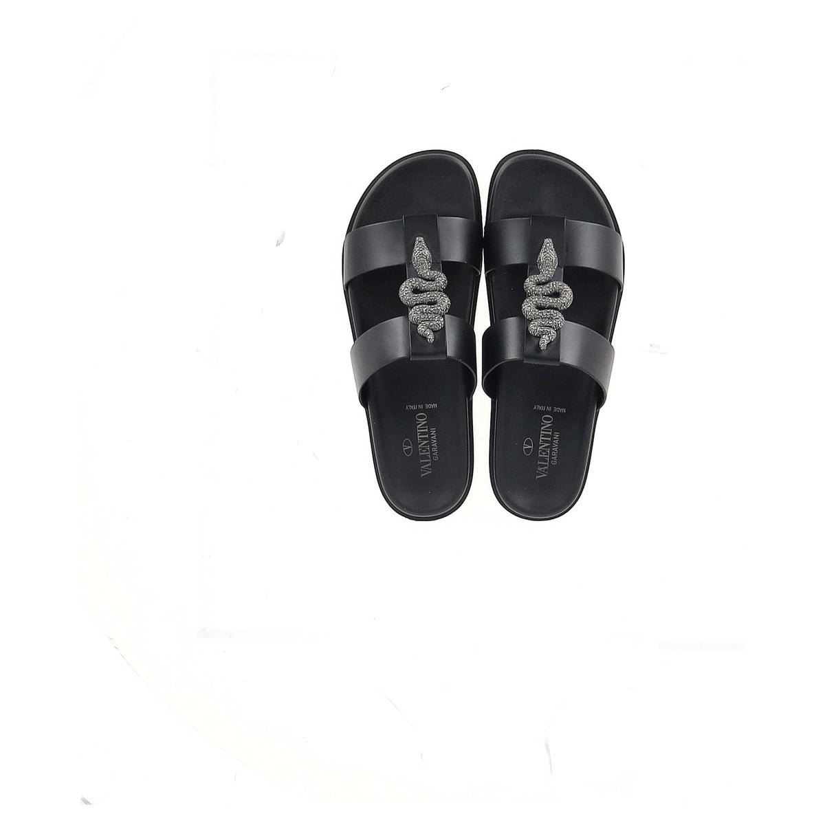 Valentino Garavani Serpent Snake Embellished Slippers in Black Leather
