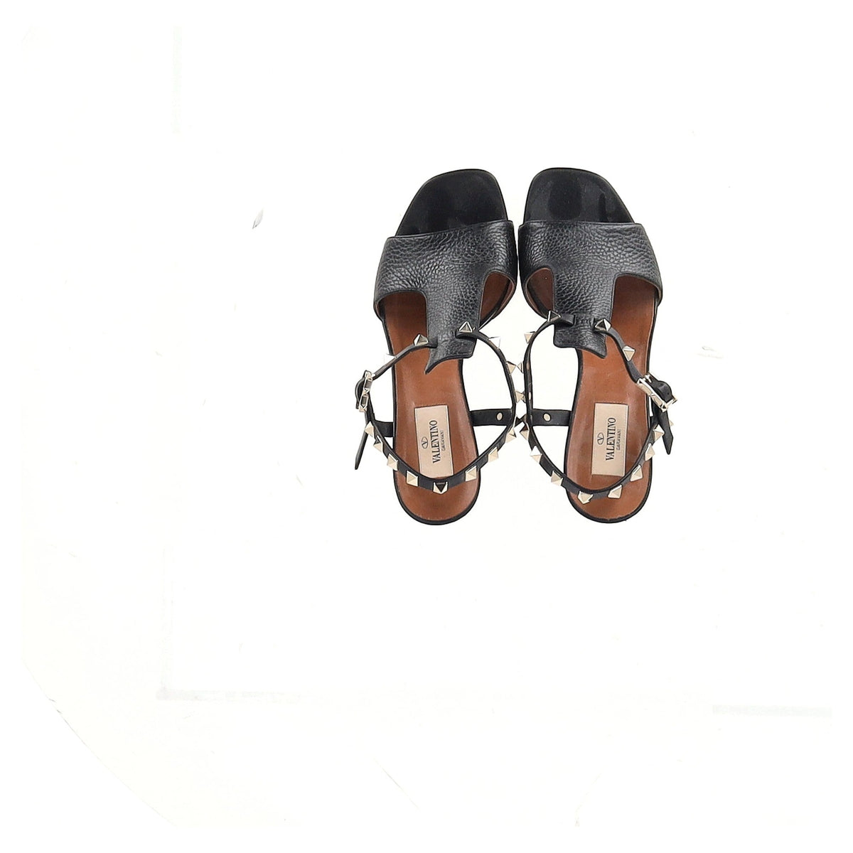 Valentino Garavani Rockstud T-Strap Sandal Heels in Black Leather