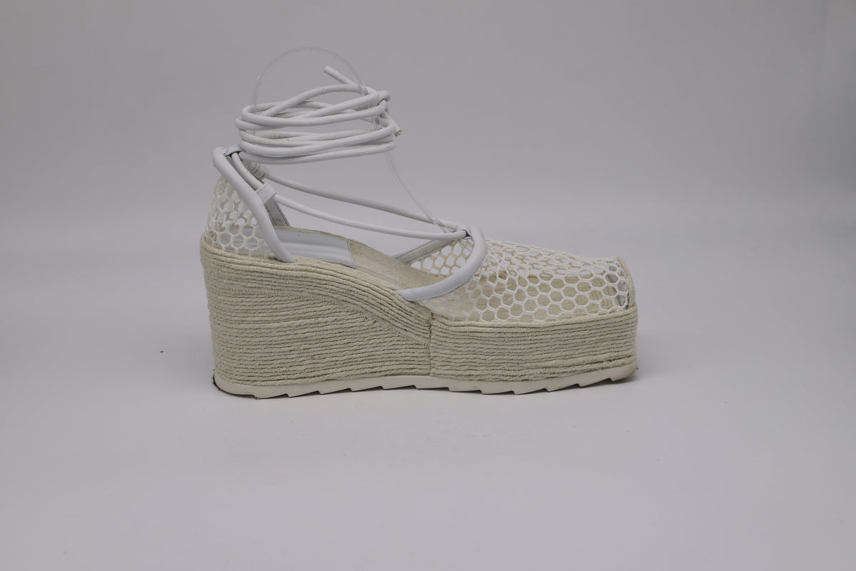 Bottega Veneta Stretch Lace-Up Wedge Espadrilles in White Leather