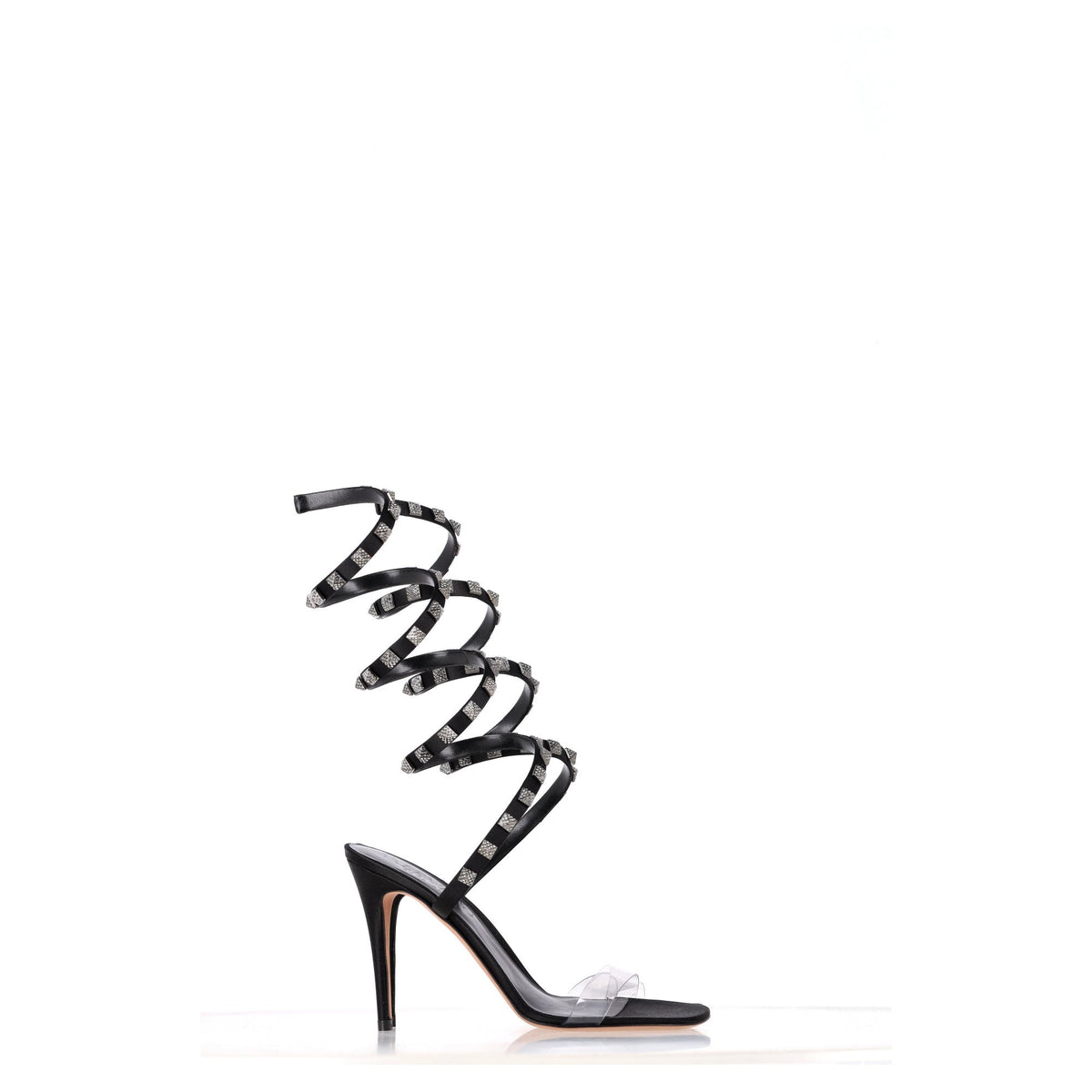 Valentino Garavani Rockstud Wrap Around Sandal Heels in Black Leather