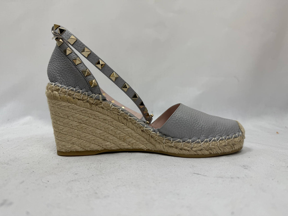 Valentino Rockstud Ankle Strap Espadrille Wedge Pumps in Grey Leather