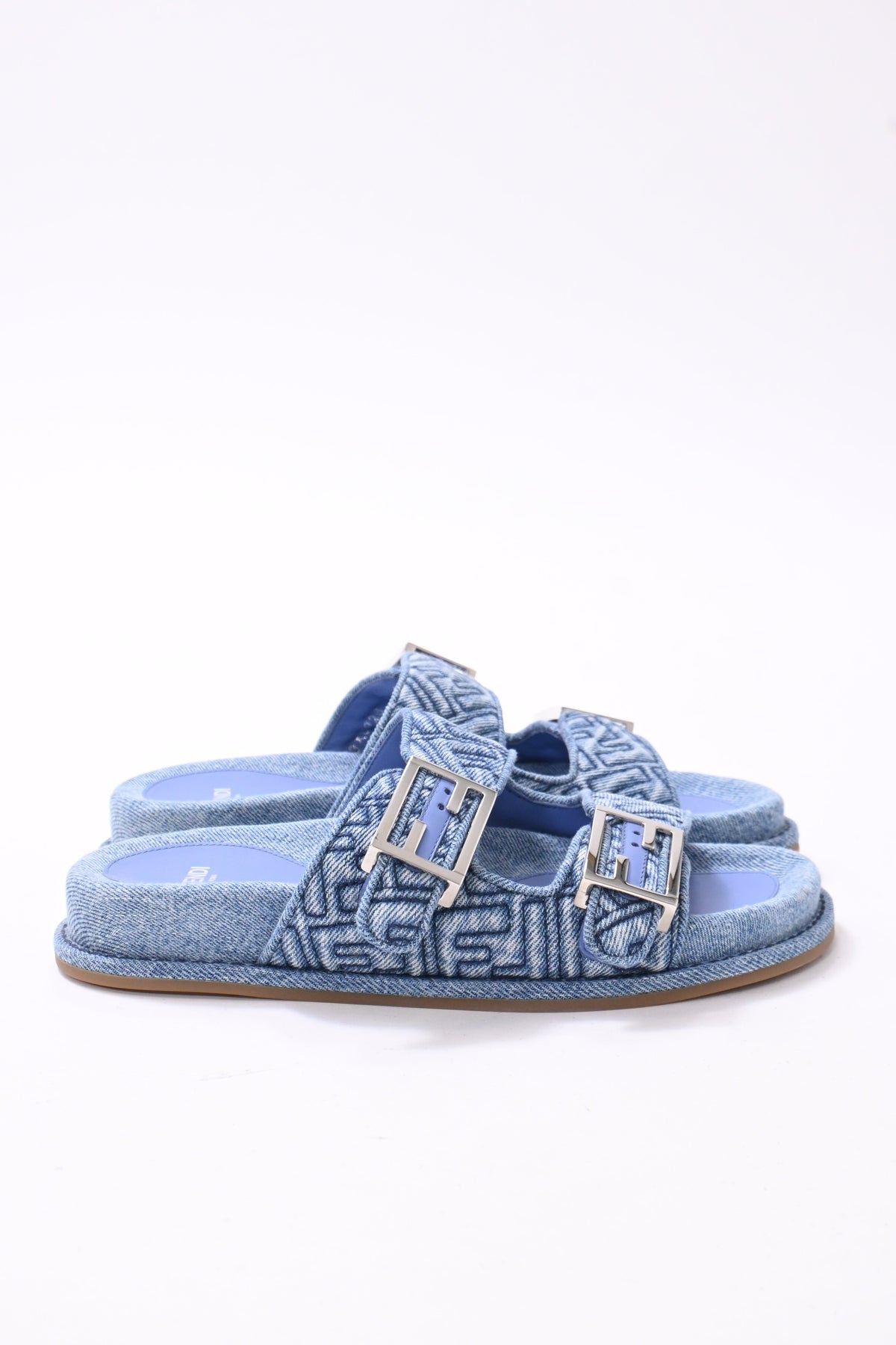 Fendi FF Feel Slide Flat Sandals in Blue Cotton Denim