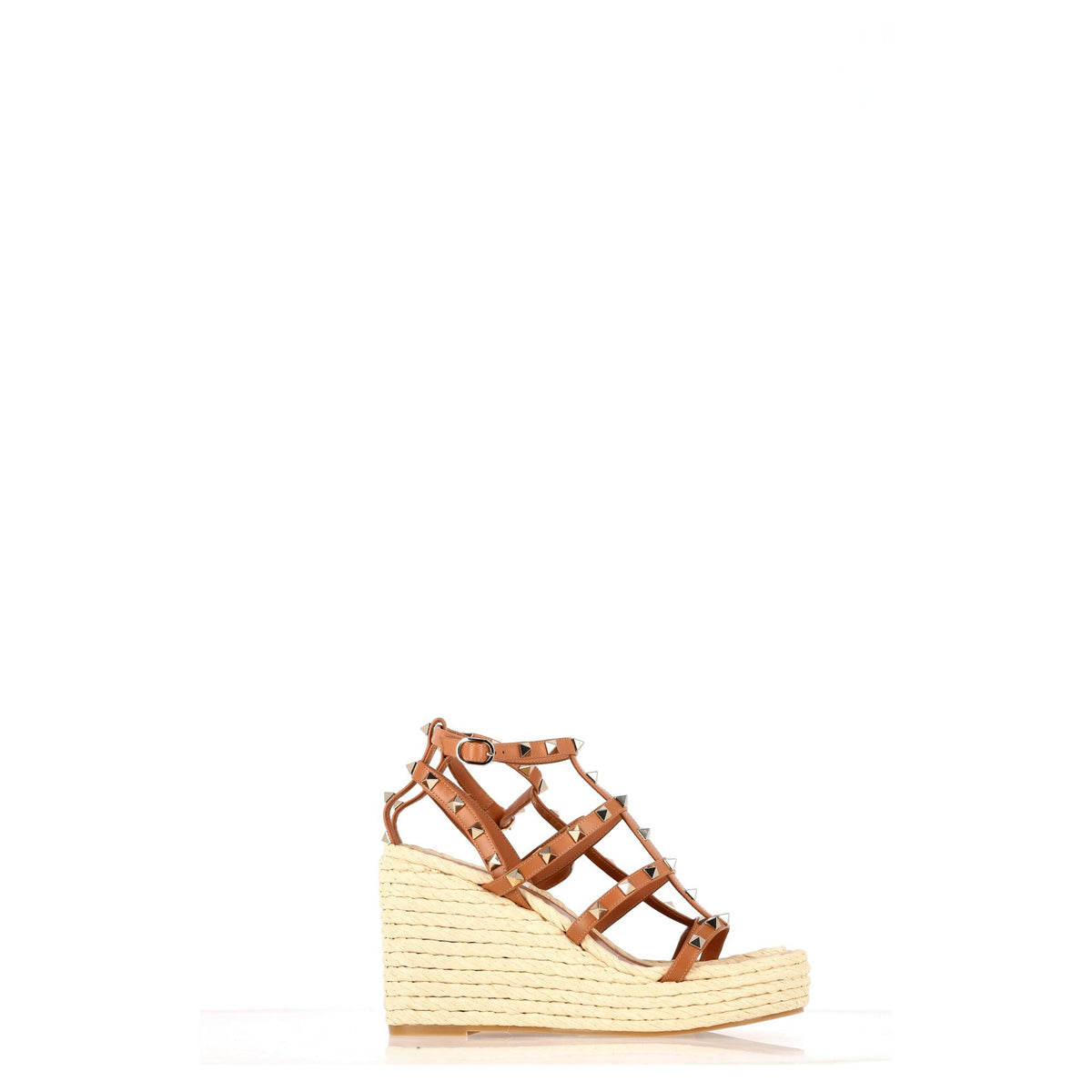 Valentino Garavani Rockstud Wedge Sandals in Brown Calf Leather