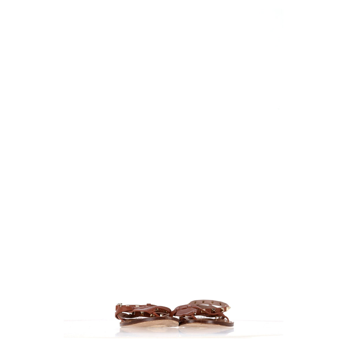 Valentino Garavani Rockstud T-Strap Flat Sandals in Brown Leather