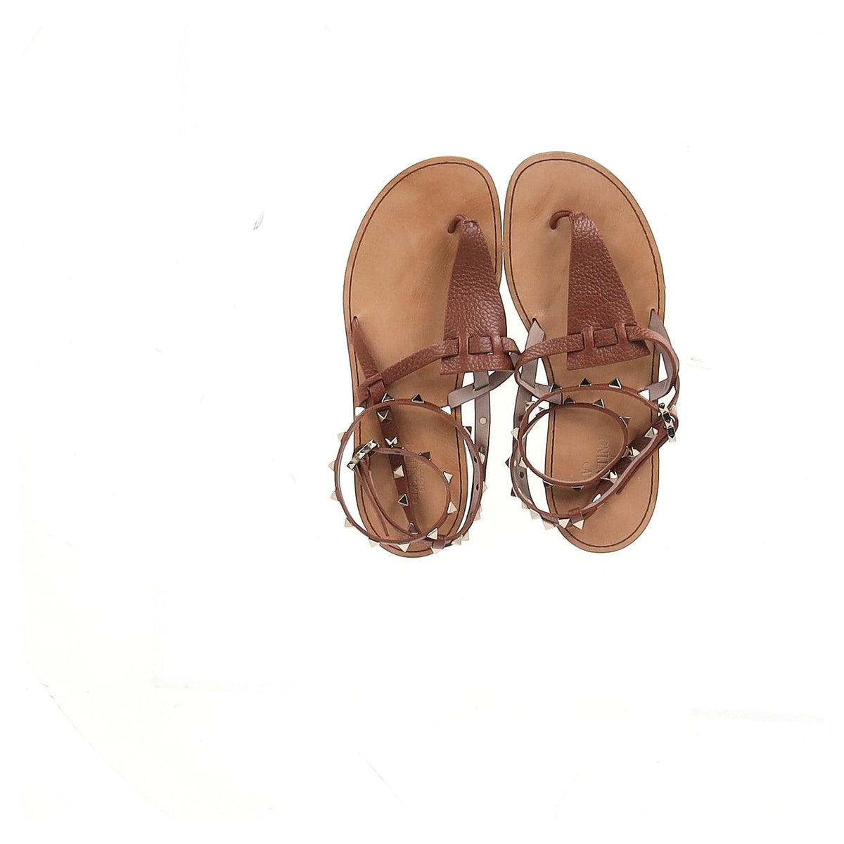 Valentino Garavani Rockstud T-Strap Flat Sandals in Brown Leather