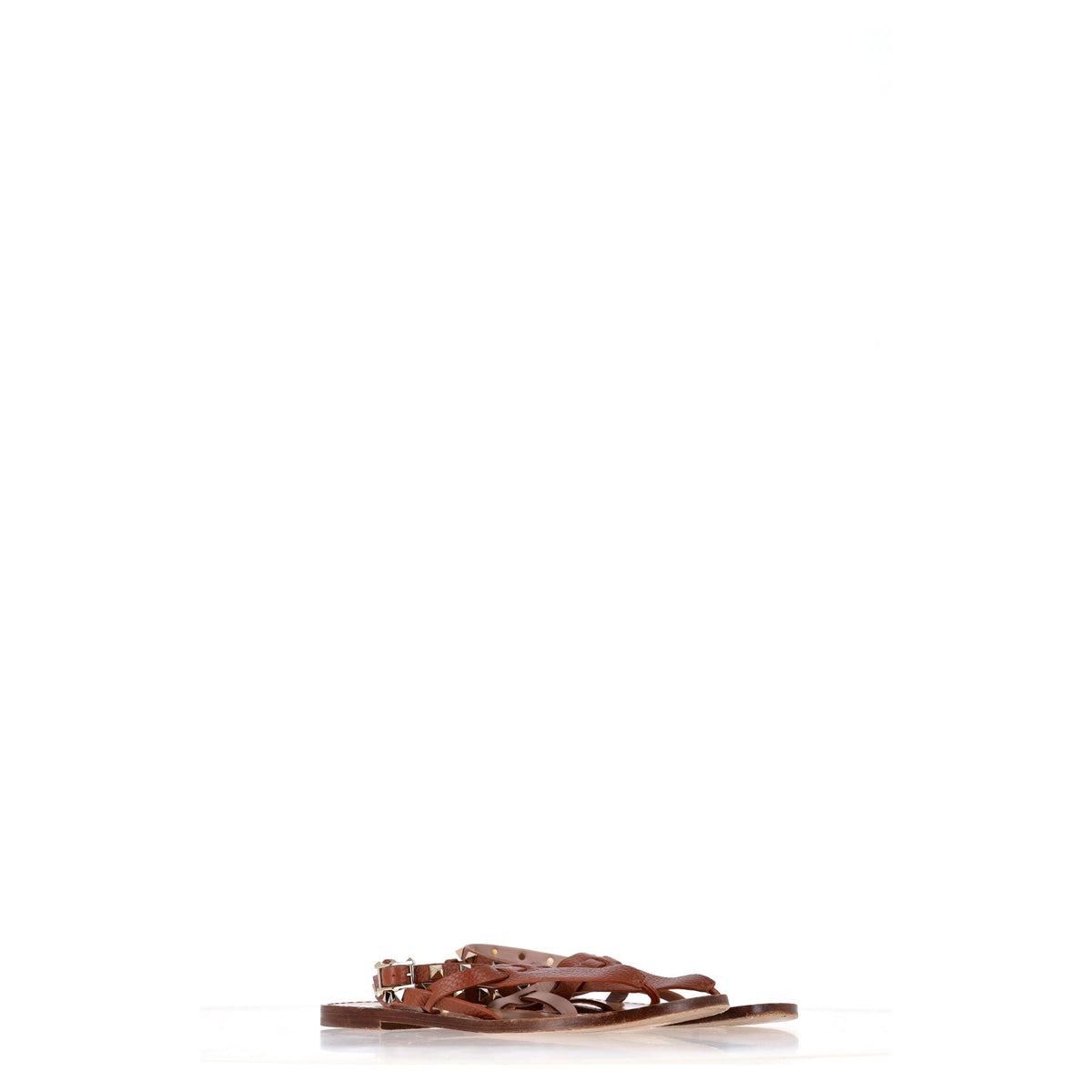 Valentino Garavani Rockstud T-Strap Flat Sandals in Brown Leather