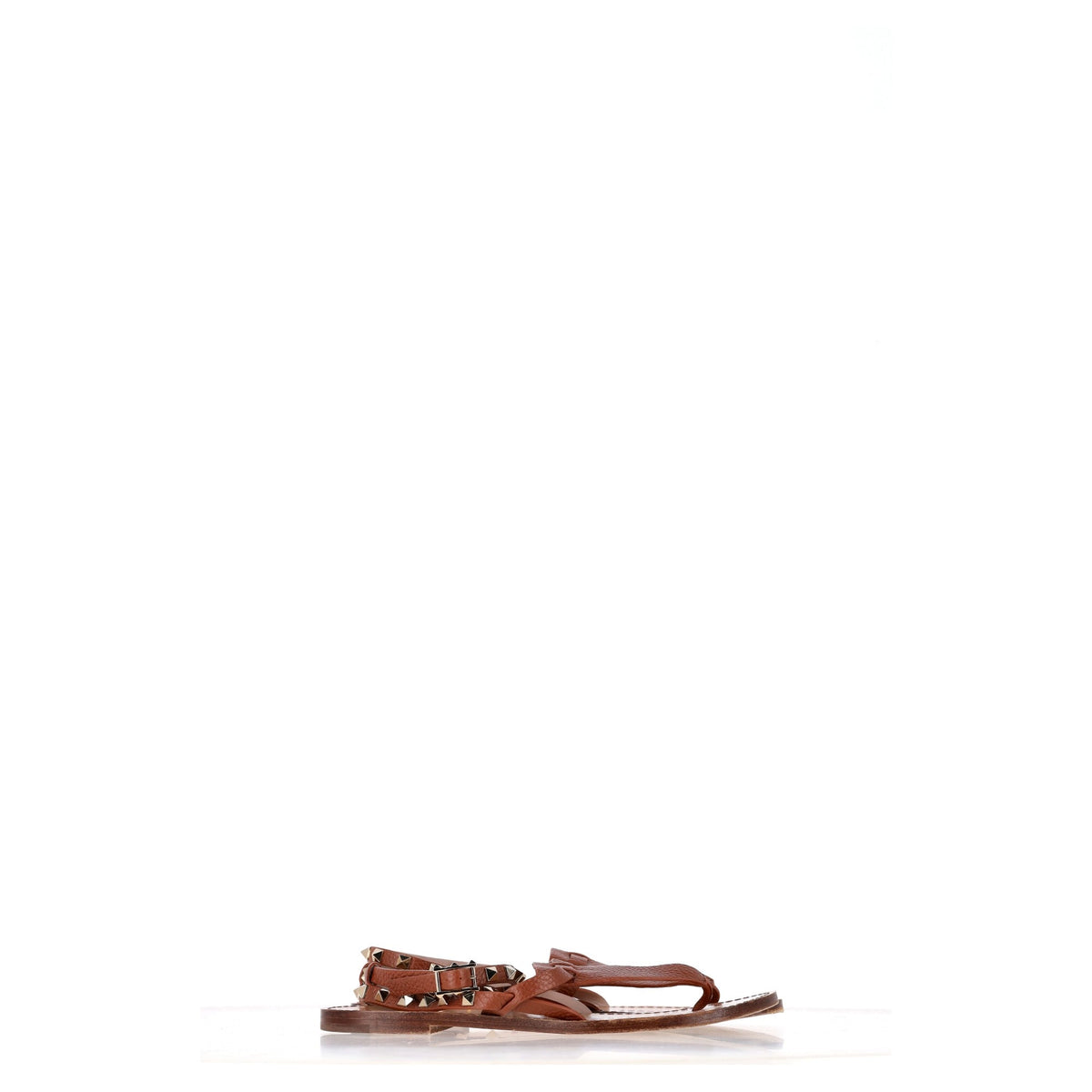 Valentino Garavani Rockstud T-Strap Flat Sandals in Brown Leather