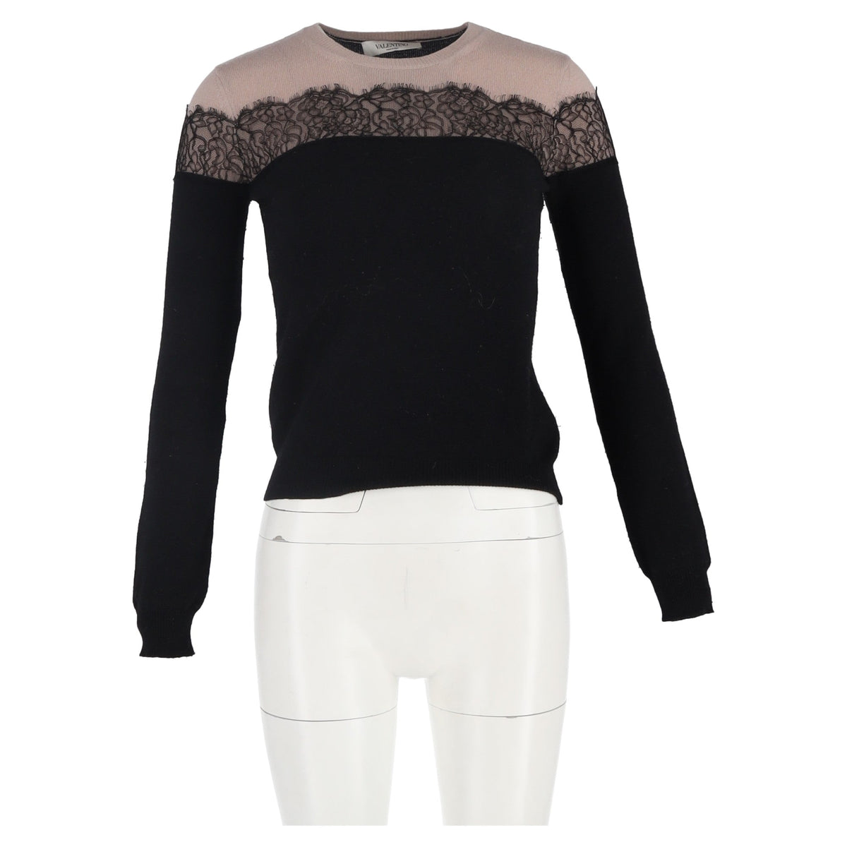 Valentino Garavani Lace-Trimmed Sweater in Black and Beige Wool