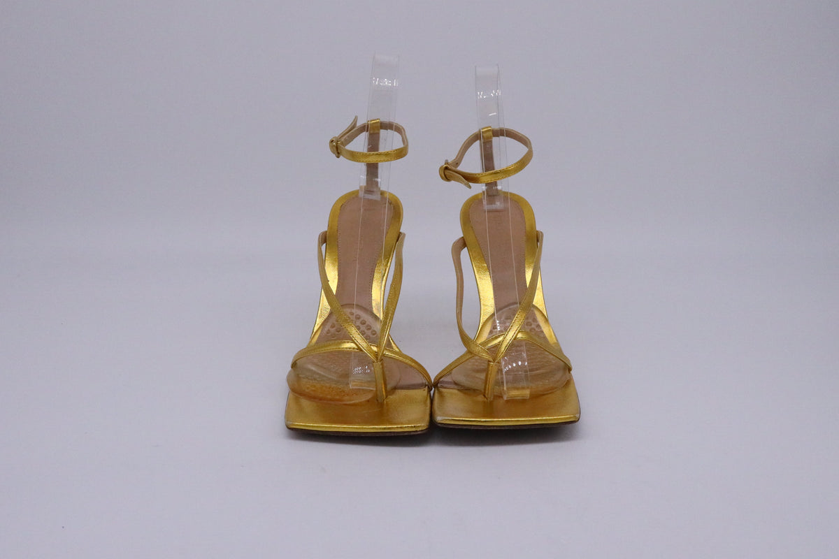 Bottega Veneta Stretch Ankle Strap Sandal Heels in Metallic Gold Leather