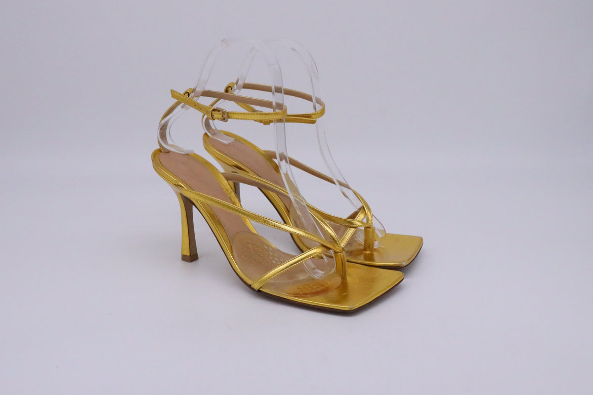 Bottega Veneta Stretch Ankle Strap Sandal Heels in Metallic Gold Leather