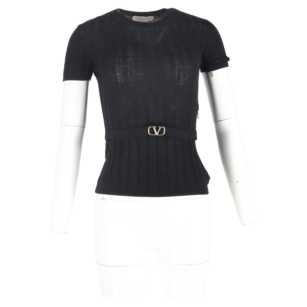 Valentino Garavani Belted Ribbed-Knit T-shirt in Black Wool