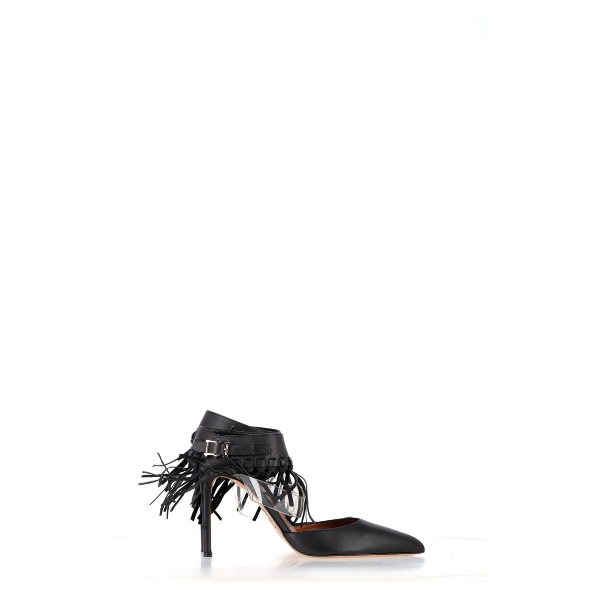 Valentino Garavani Fringed Ankle Strap Pumps in Black Leather