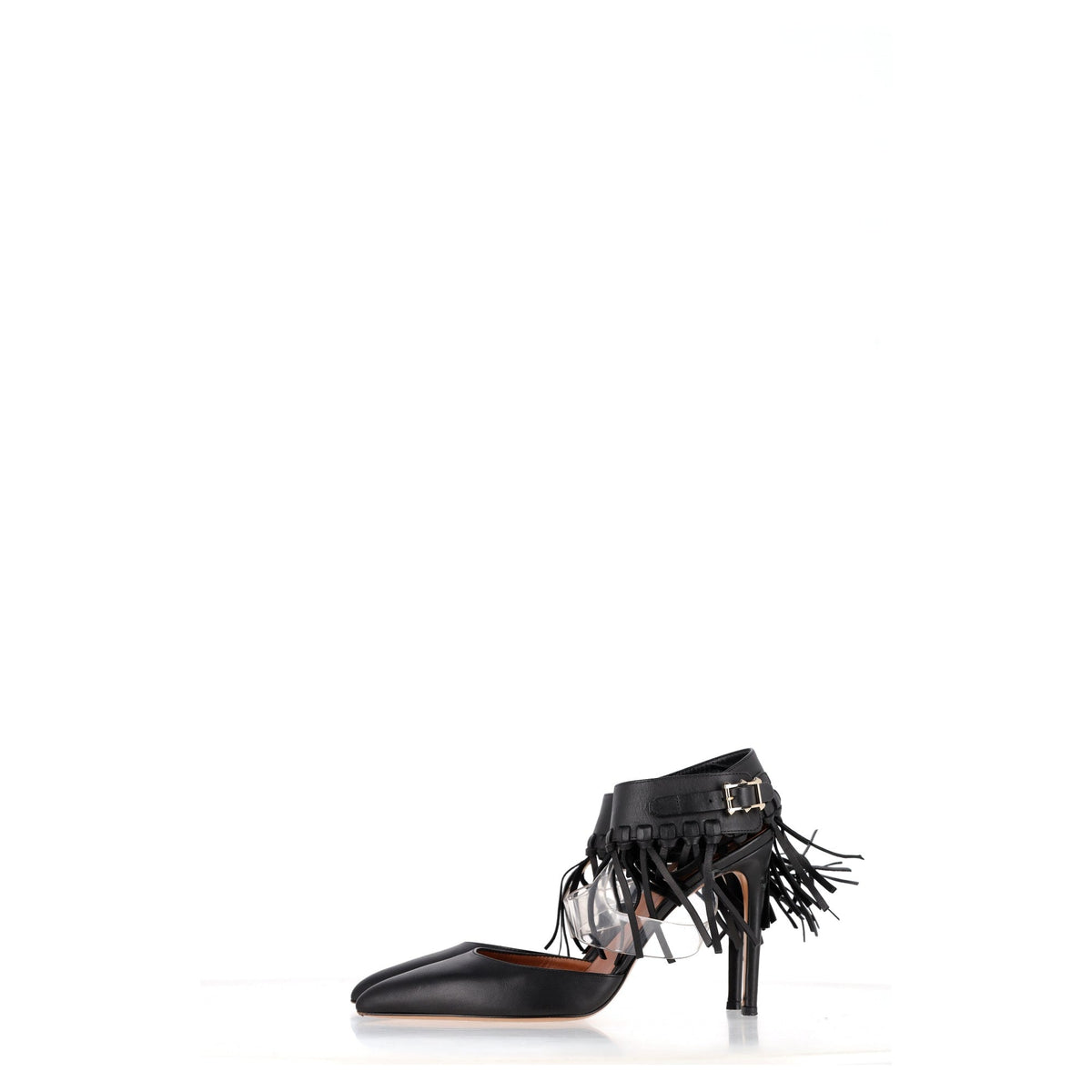 Valentino Garavani Fringed Ankle Strap Pumps in Black Leather