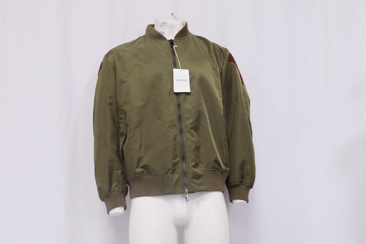 Valentino Garavani Zipped Butterfly Patchwork Bomber Jacket in Olive Polyamide