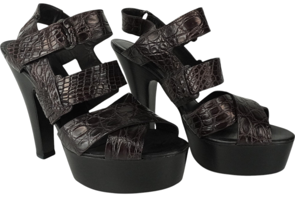 Bottega Veneta Crocodile Embossed Leather Strap Heels