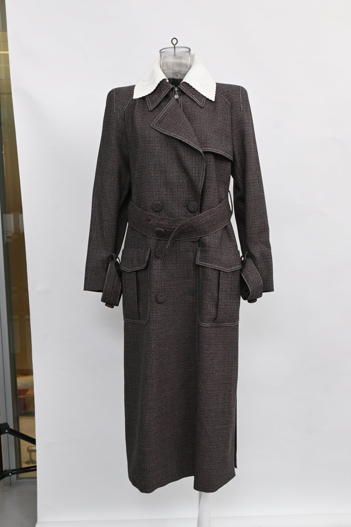 Fendi Gingham Double-Breasted Coat in Brown Wool