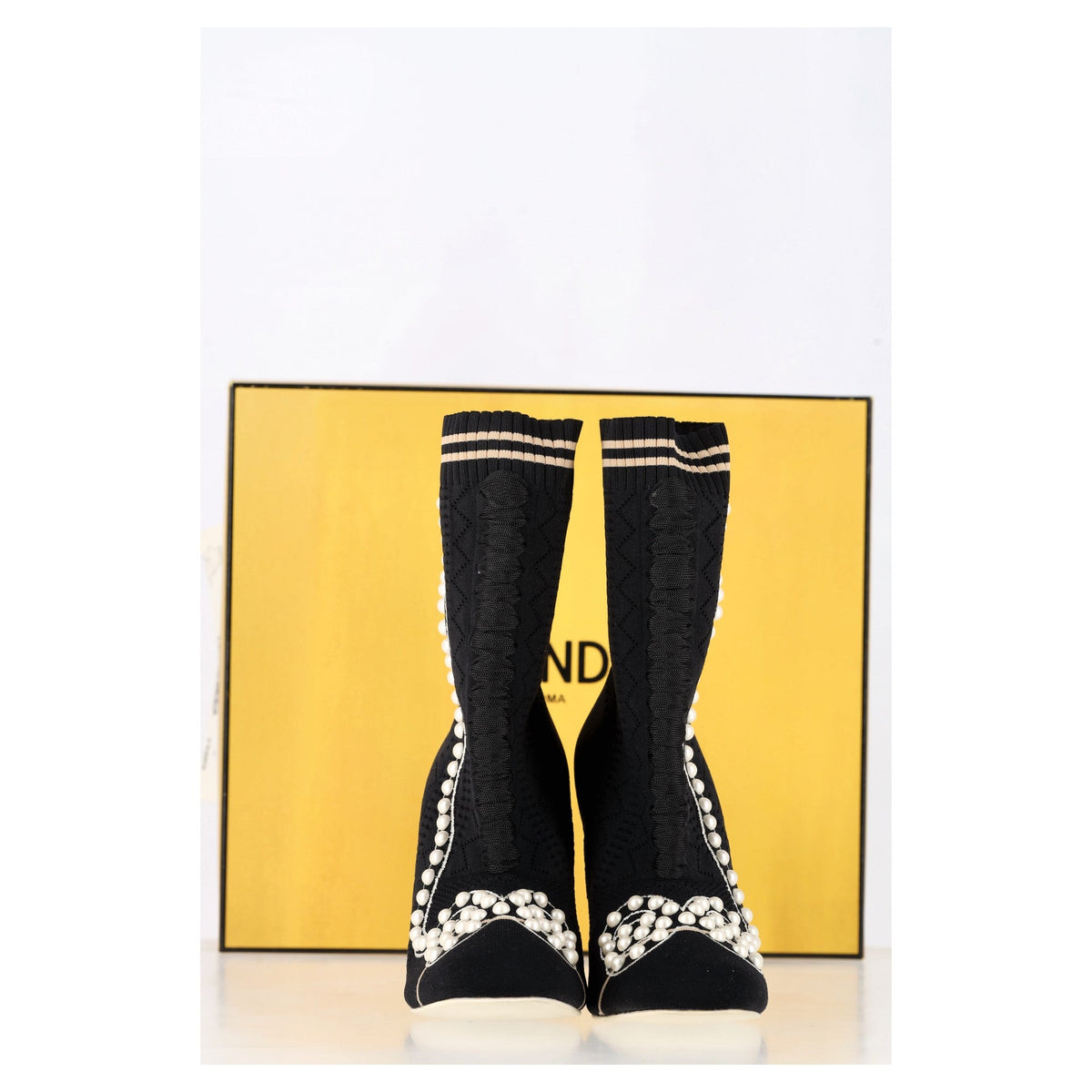 Fendi Knit Fabric Pearl Embellished Sock Ankle Boots in Black Nylon