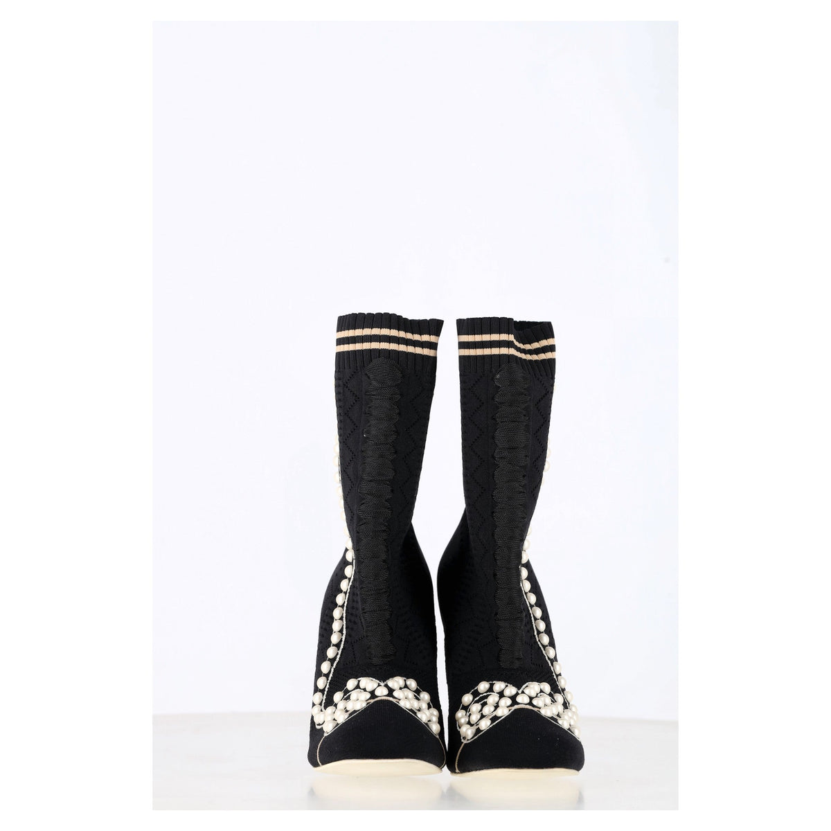 Fendi Knit Fabric Pearl Embellished Sock Ankle Boots in Black Nylon