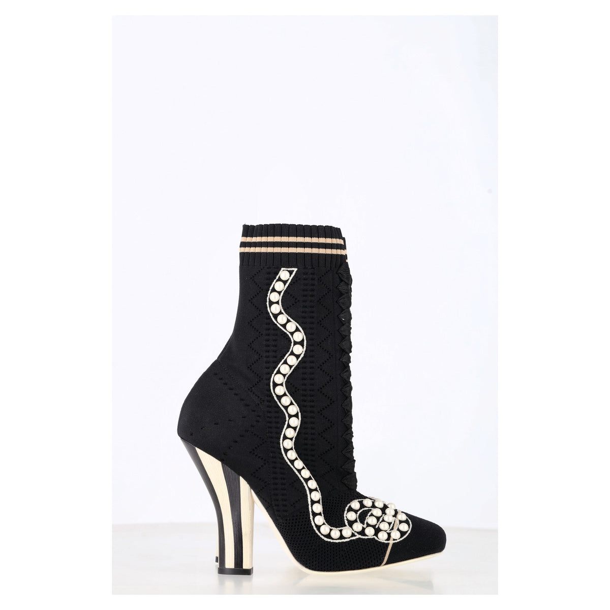 Fendi Knit Fabric Pearl Embellished Sock Ankle Boots in Black Nylon