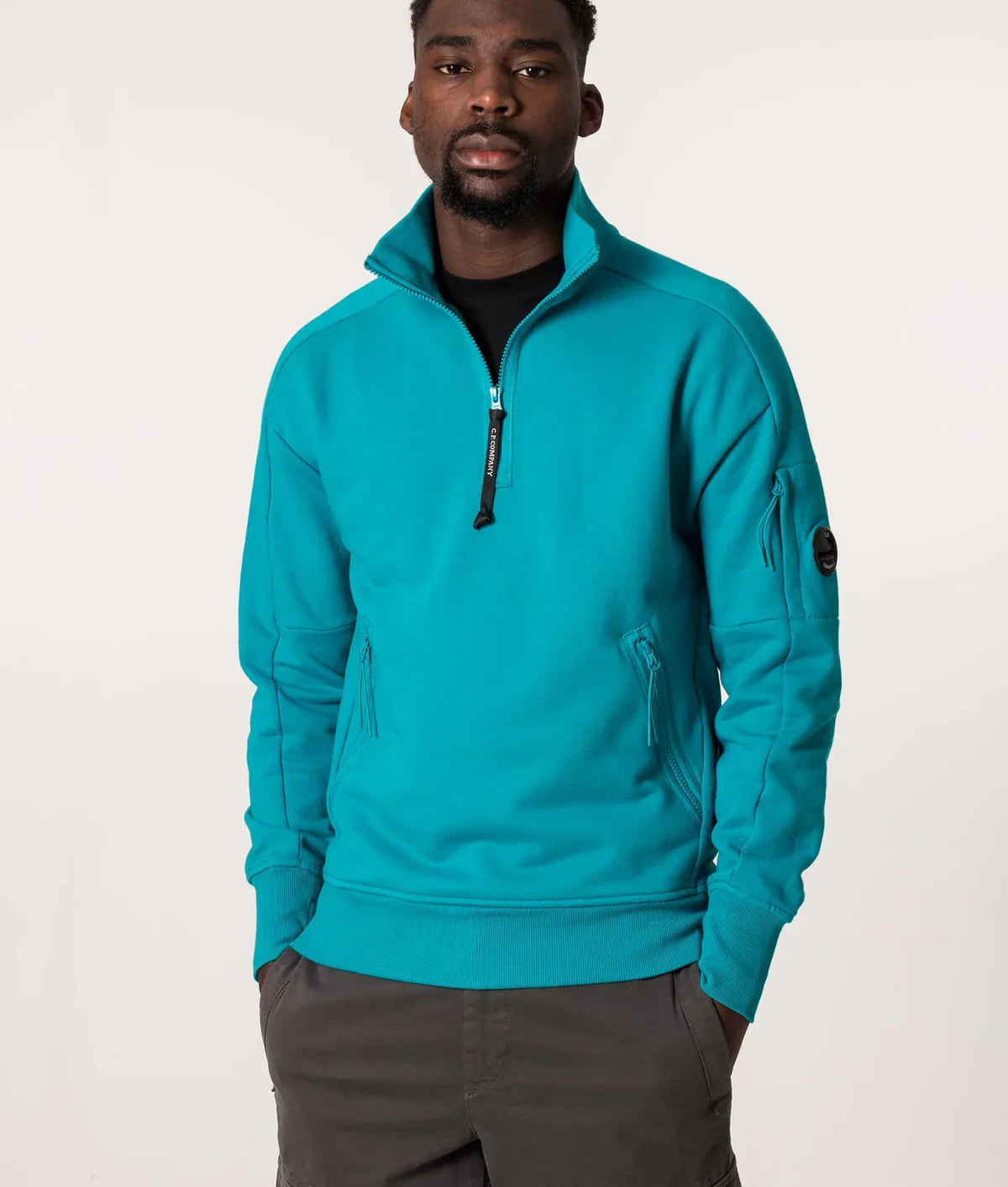 Cp Company Quarter Zip Polo Collar Sweatshirt In Tile Blue